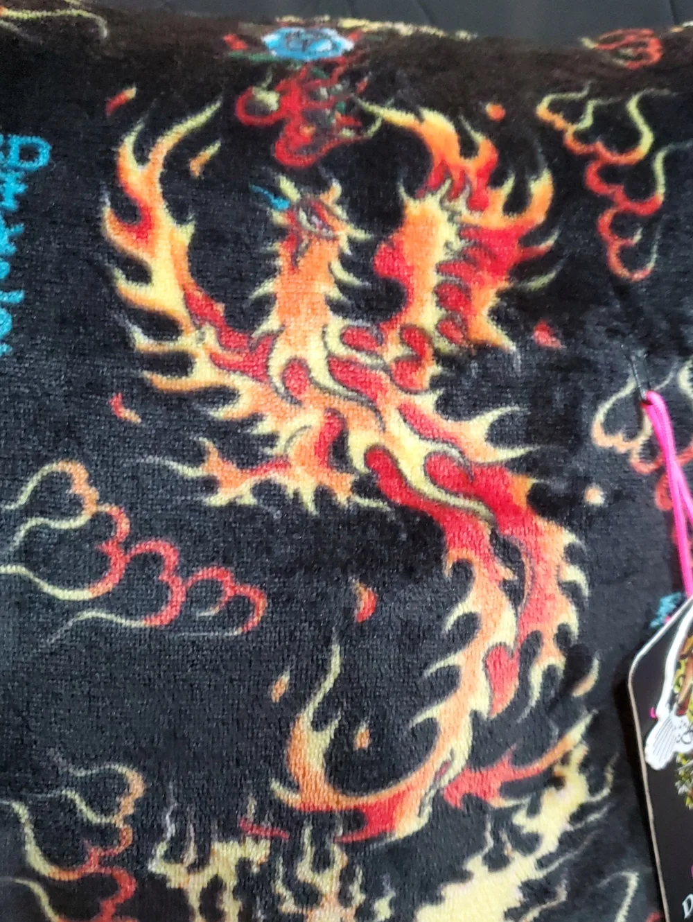 Ed Hardy black velvet plush fiery dragon blue rose print throw decor pillow new